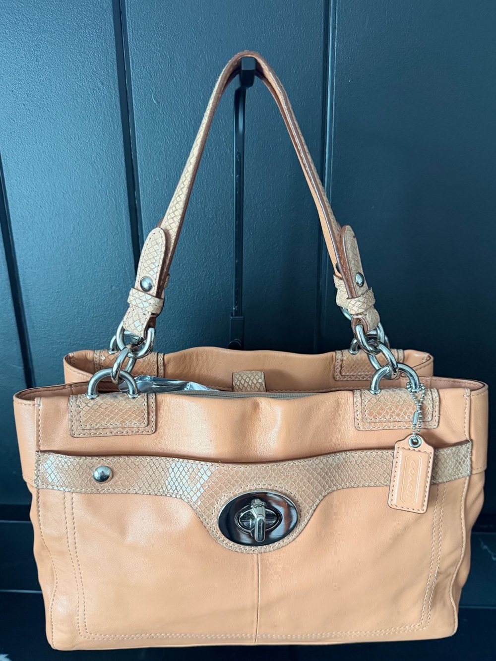 Coach F18537 Kristin Leather Turnlock Tote Snake Embossed Trim